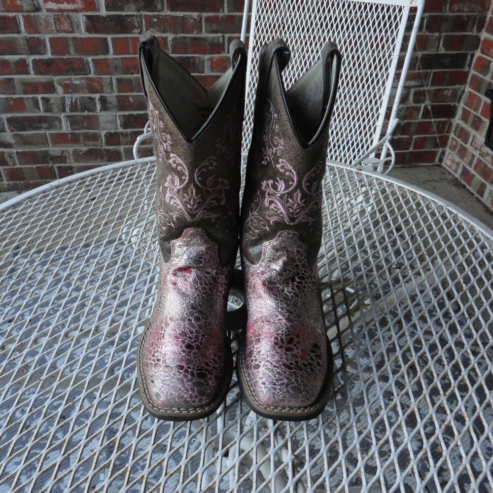SHYANNE Girls "Aria" Faux Leather Pink Glitter Western Boots Square Toe Size 2D